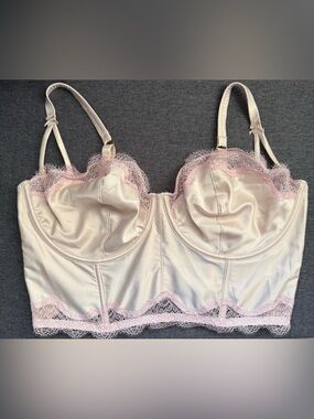 Victoria's Secret Satin Longline Bustier in Cream with Pink Lace
